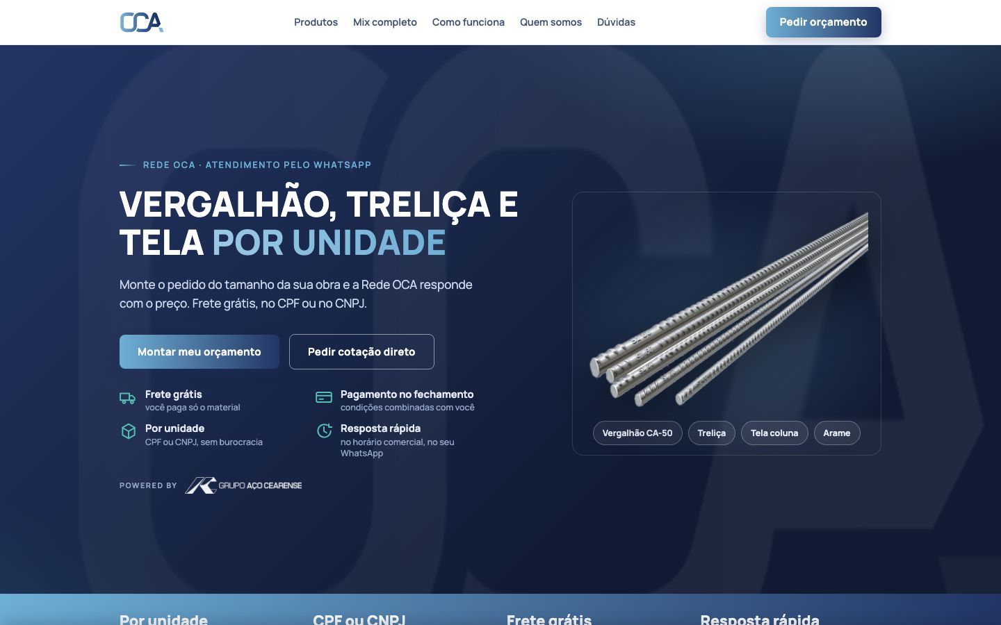 Página inicial do OCA, onde o cliente monta o pedido