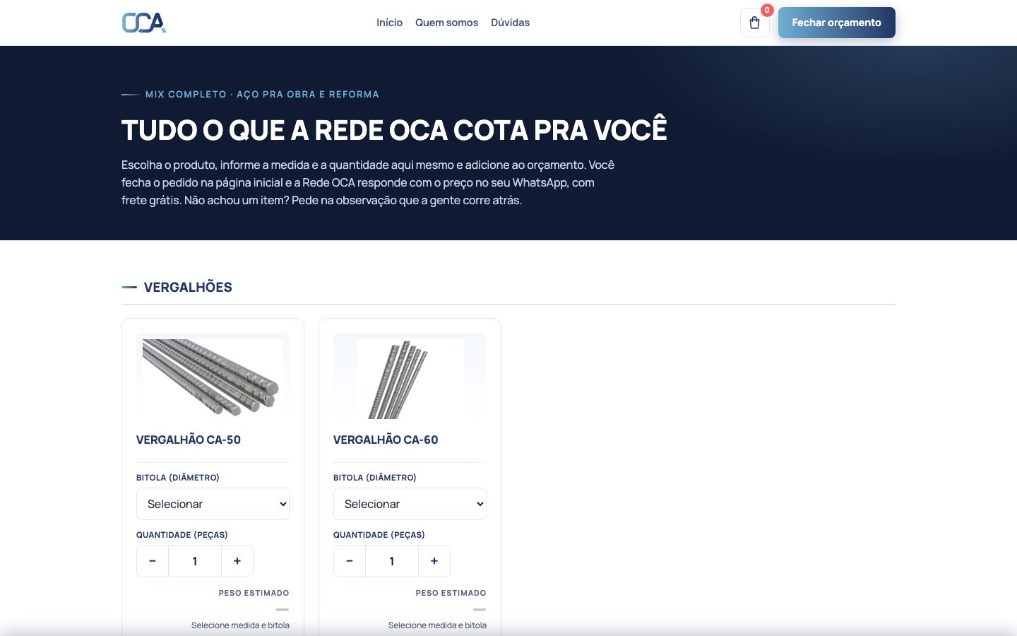 Mix completo do OCA no ar, com os seletores de bitola e o campo de quantidade por produto